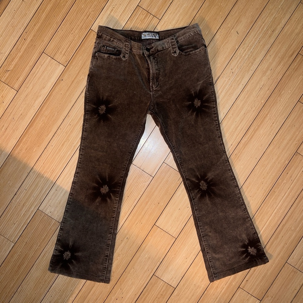 Y2K Brown Velvet Flare Pants with Starburst Details